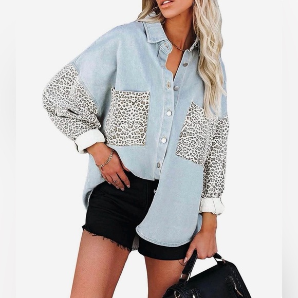 Jackets & Blazers - Light Blue Denim Oversized Leopard design Jacket